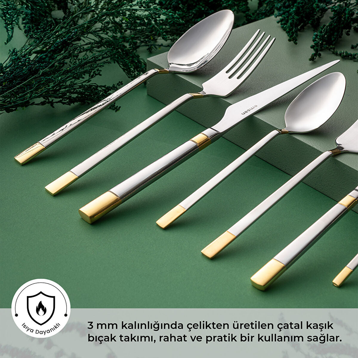 Emsan Elegance Duru Gold 84 Parça 12 Kişilik Lüks Kutulu Çatal Kaşık Bıçak Takımı - 2