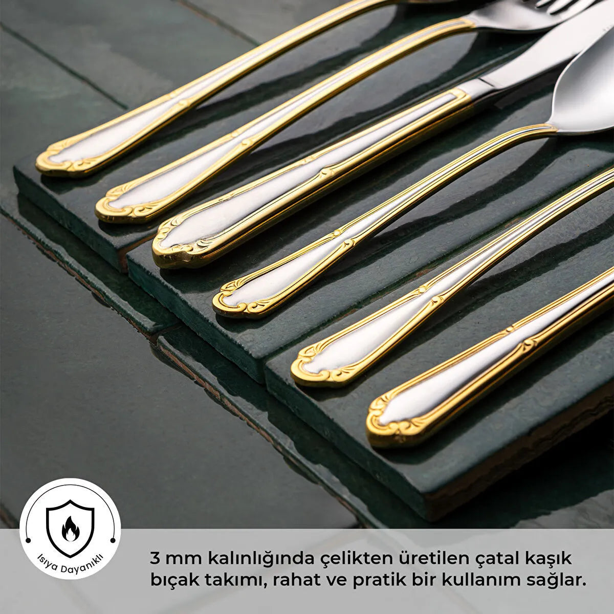 Emsan Elegance Göksu Gold 84 Parça 12 Kişilik Lüks Kutulu Çatal Kaşık Bıçak Seti - 2