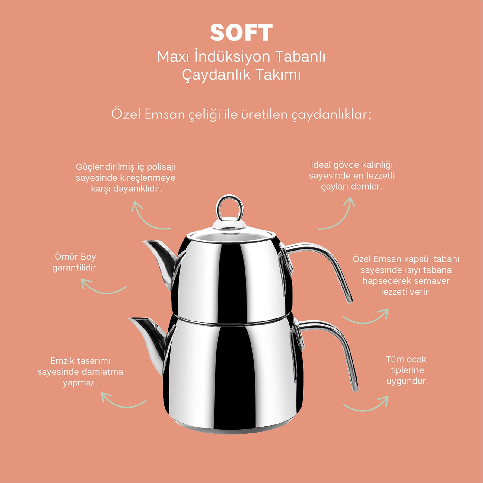 Emsan Soft Maxi İndüksiyon Tabanlı Çaydanlık Takımı 1.2-2.5Lt