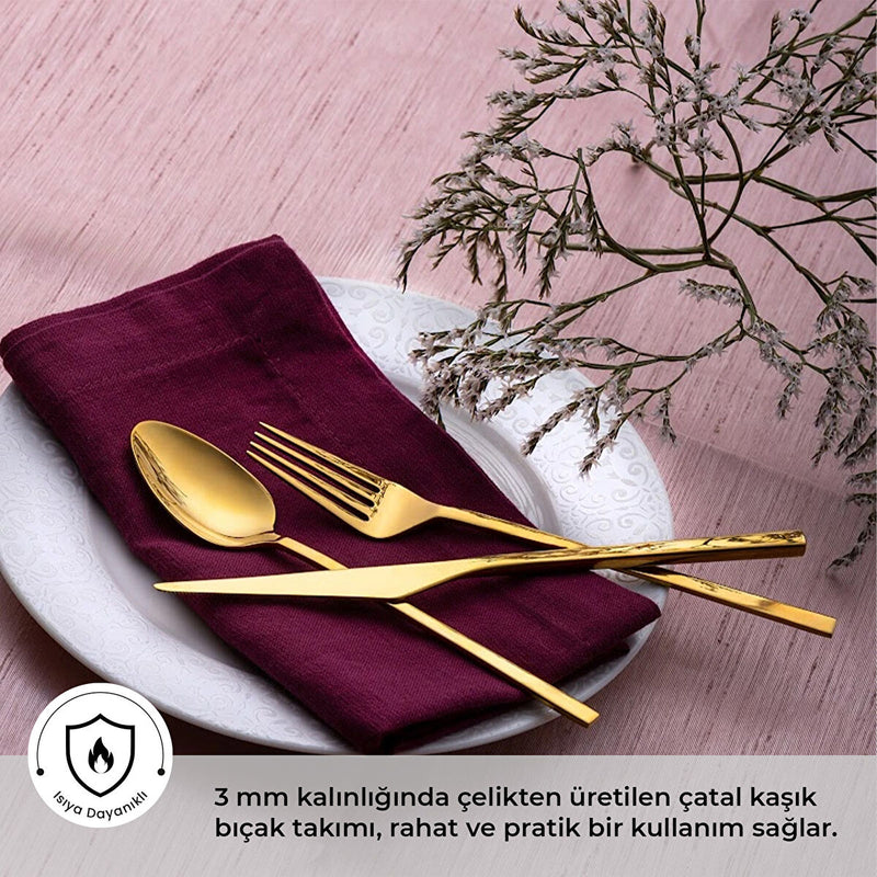 Emsan Alba 18 Parça Parlak Gold Tatlı Kutulu Çatal Kaşık Bıçak Takımı - 2
