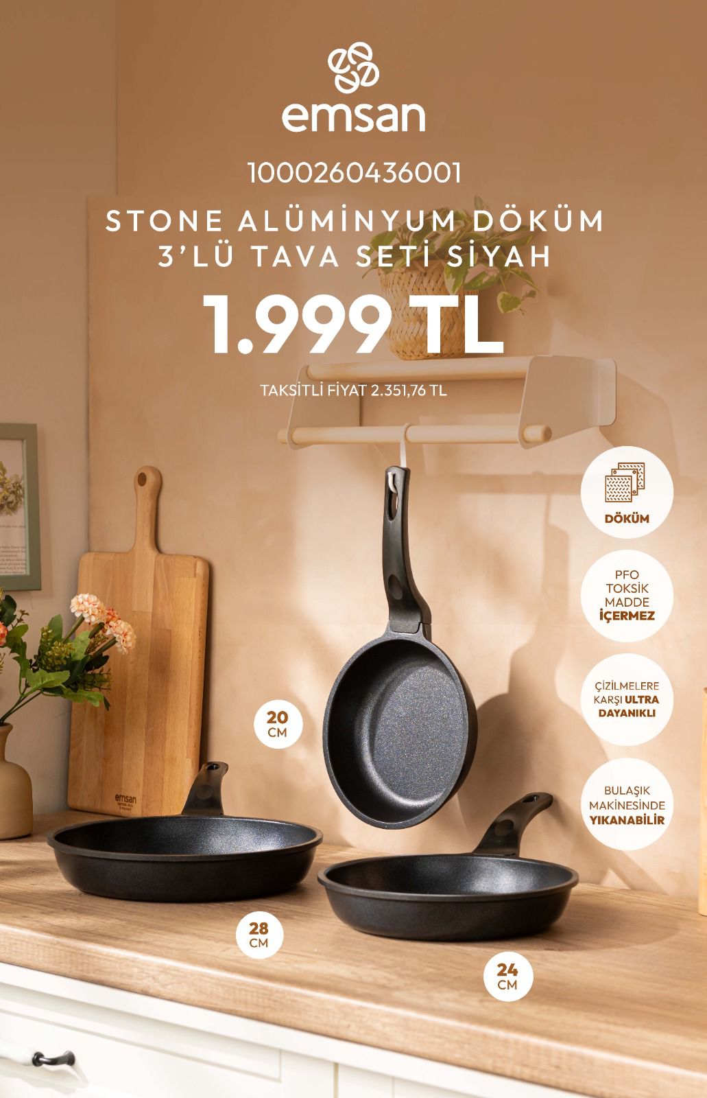 Emsan Stone Alüminyum Döküm 3'lü Tava Seti Siyah