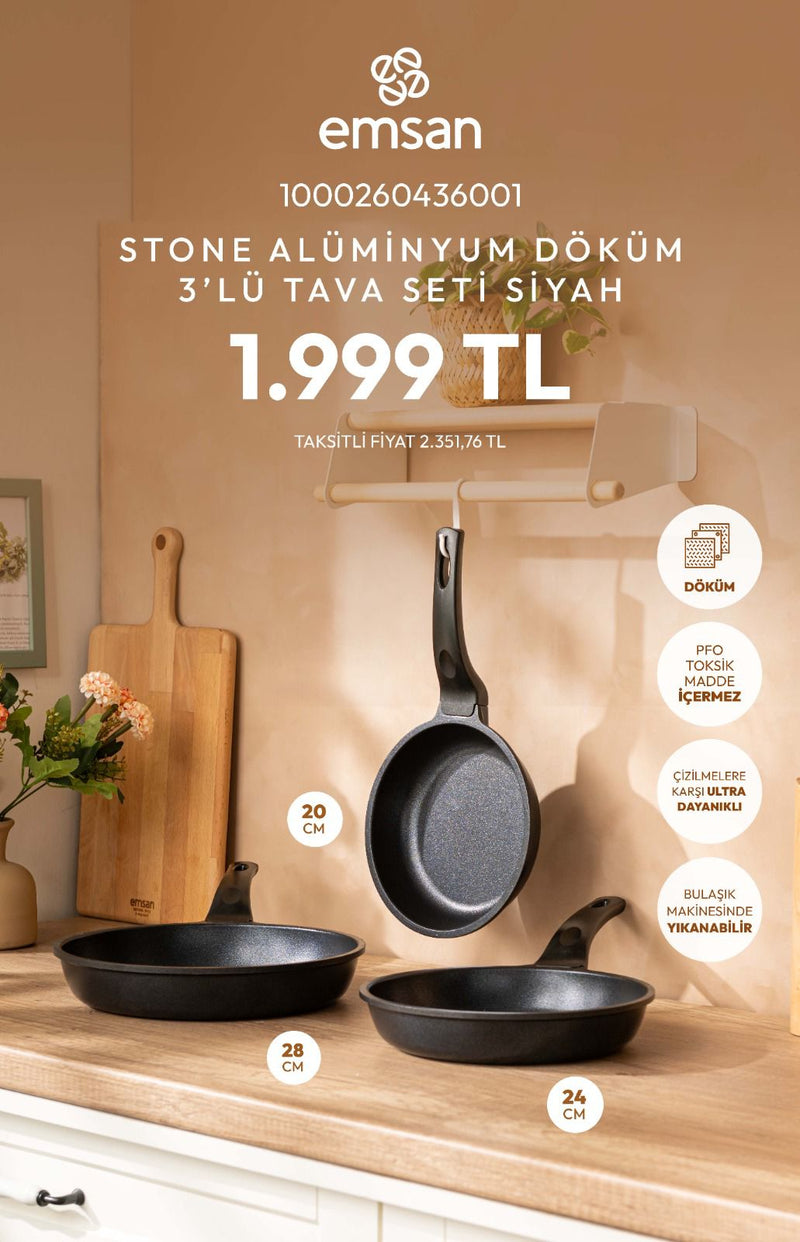 Emsan Stone Alüminyum Döküm 3'lü Tava Seti Siyah