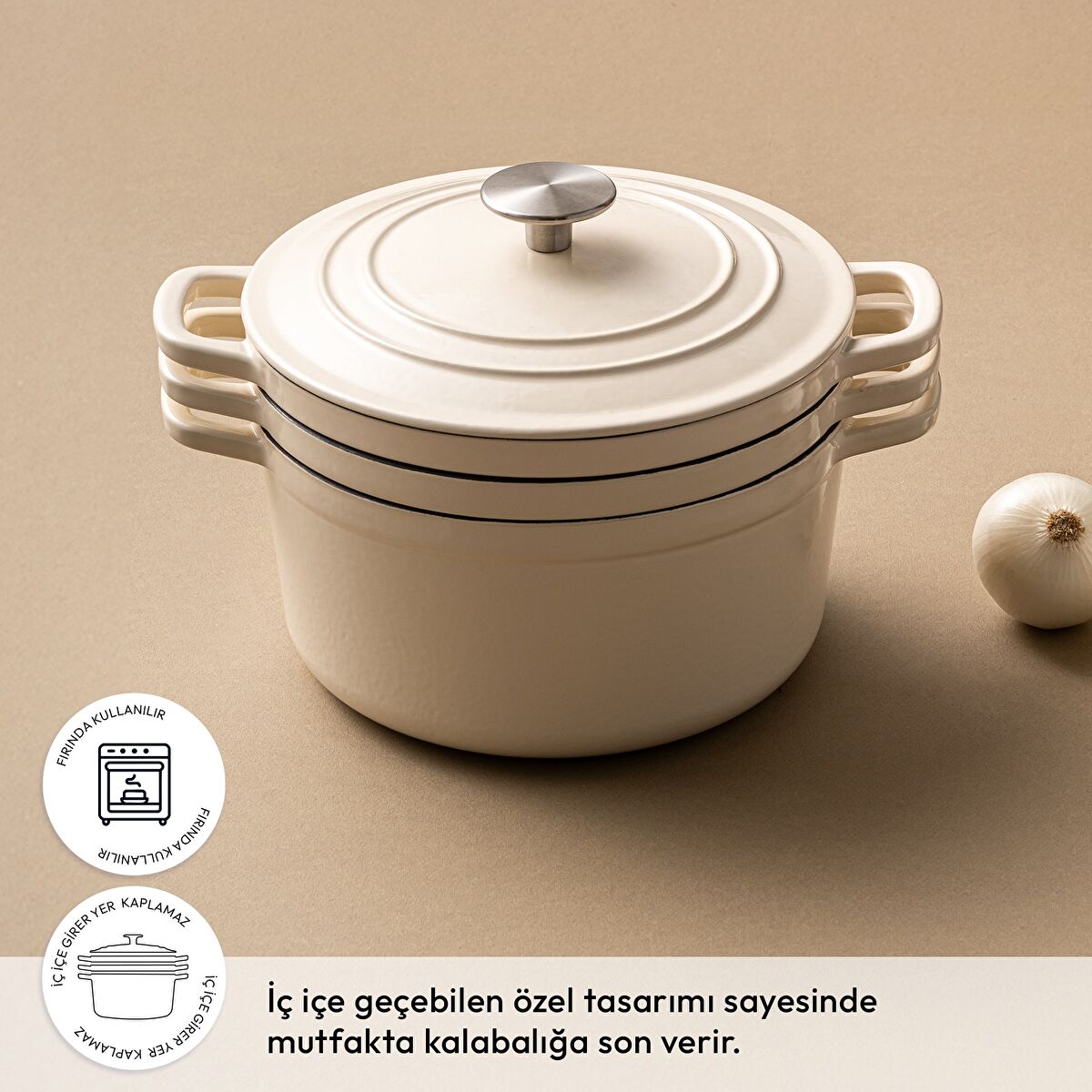 Emsan Fortino Cast Döküm Tencere Seti Krem 4 Parça 22 cm - 3