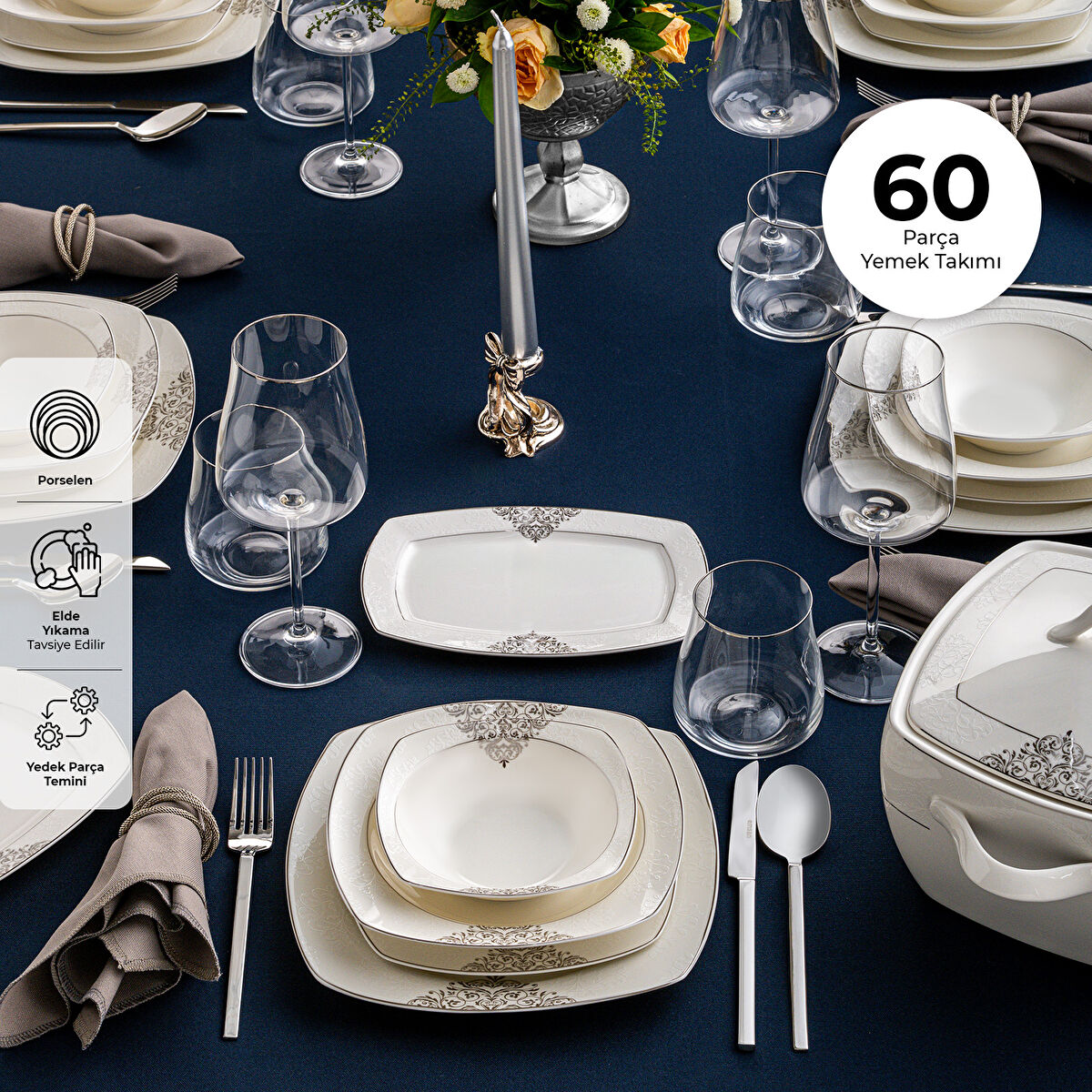 Emsan New Yasemin Porselen 60 ParΟßa 12 Ki≈üilik YarΡ±m Kare Yemek TakΡ±mΡ± Platin  - 3