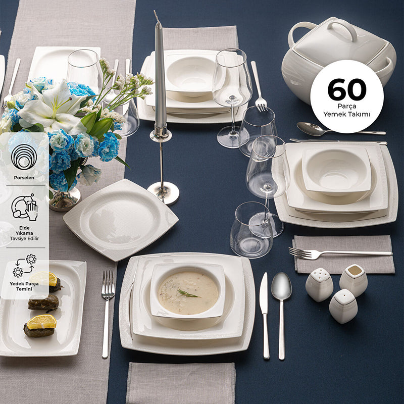 Emsan Zencerek Fine Bone 60 Parça 12 Kişilik Kare Yemek Takımı  - 4